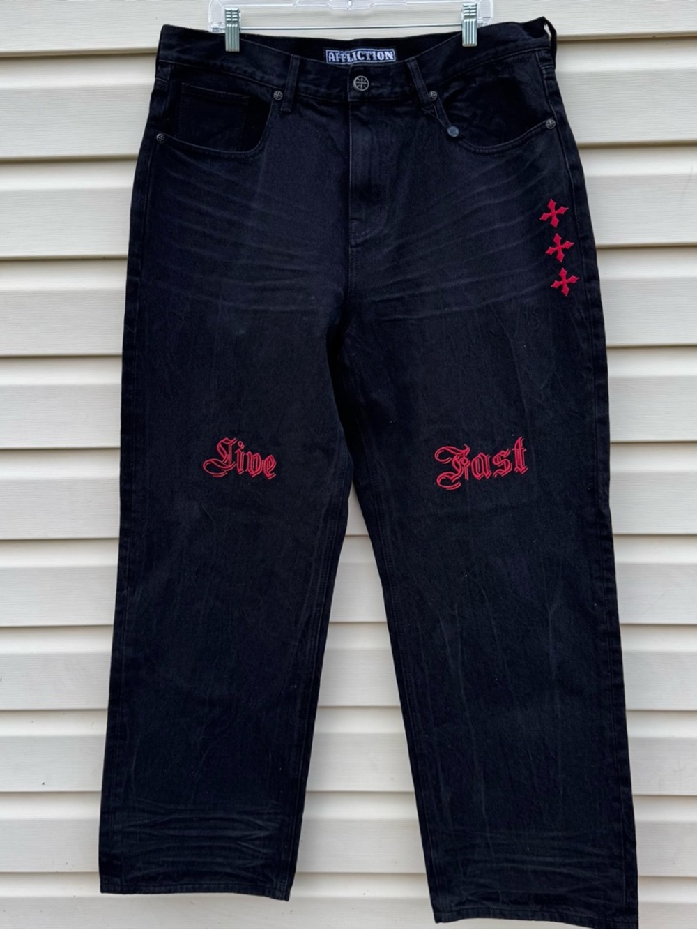 Affliction Black Jeans Red Skull Embroidery Y2K Biker 38X32 Men - Picture 2 of 16